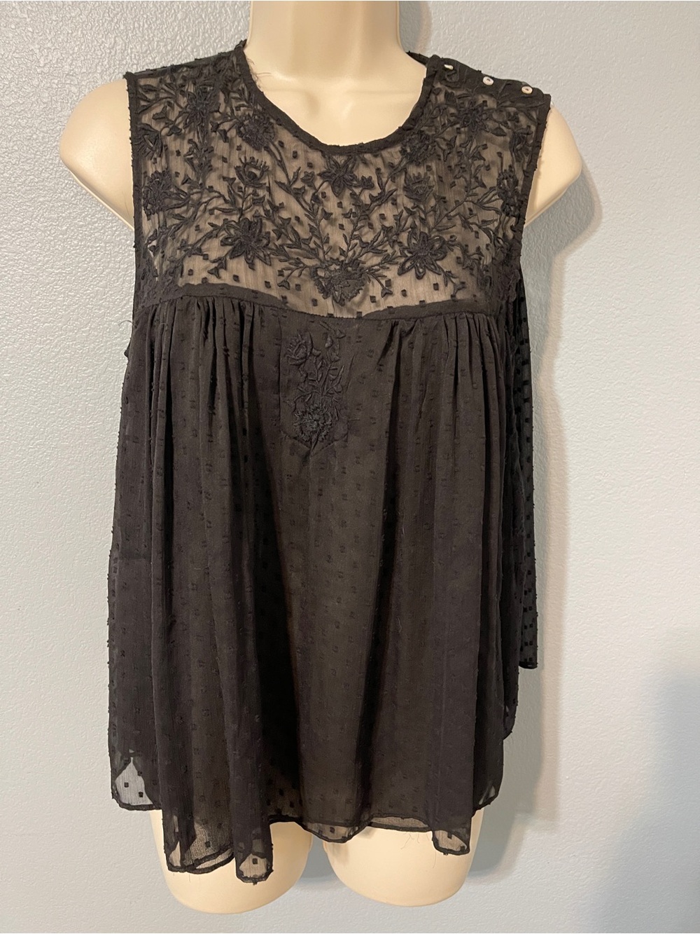 Zara Black Sheer Swiss Dot Floral Embroidered Babydoll Blouse Goth Boho Medium